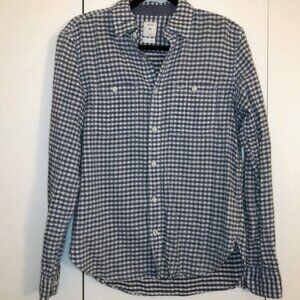 Gap Cotton Linen Blend Navy and Light Blue Check Button Down Shirt Size Small